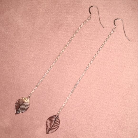 Solid 925 REAL Sterling Silver Wires Long Chain Dangle Leaf Earrings Leaves New - Picture 1 of 9